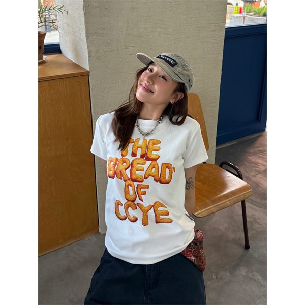 Creative Bread Print Short Sleeve T-Shirt for Women, Slightly Loose Fit, American Style Summer Top, Trendy Casual Wear