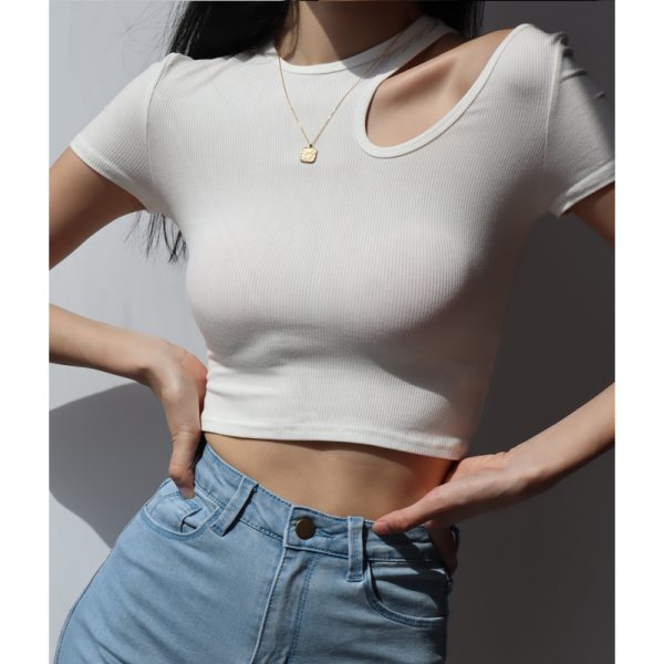 Cropped Slim-Fit Short Sleeve T-Shirt for Women - Sexy Round Neck Basic Top, High-Waisted Short Style, European & American Fashion