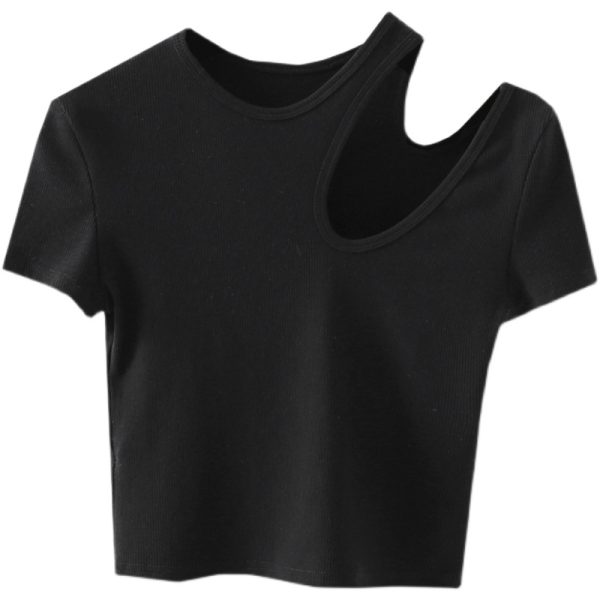 Cropped Slim-Fit Short Sleeve T-Shirt for Women - Sexy Round Neck Basic Top, High-Waisted Short Style, European & American Fashion