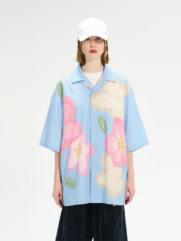 Cuban Collar Short-Sleeve Shirt with Cartoon Flower Print | Harsh and Cruel Inspired | 90s Y2K Fashion