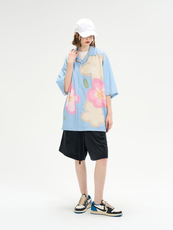 Cuban Collar Short-Sleeve Shirt with Cartoon Flower Print | Harsh and Cruel Inspired | 90s Y2K Fashion