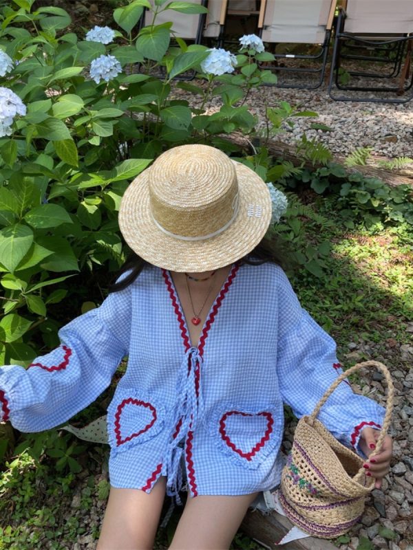 Custom Checkered Lantern Sleeve Vacation Shirt with Heart Pocket - Australian Style, Trendy Strap Design for Summer Fashion