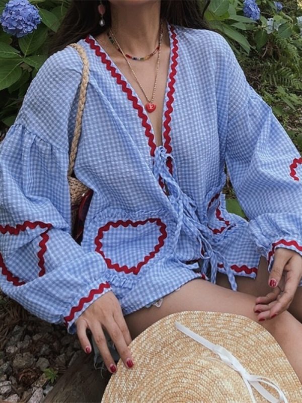 Custom Checkered Lantern Sleeve Vacation Shirt with Heart Pocket - Australian Style, Trendy Strap Design for Summer Fashion