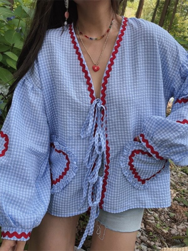 Custom Checkered Lantern Sleeve Vacation Shirt with Heart Pocket - Australian Style, Trendy Strap Design for Summer Fashion