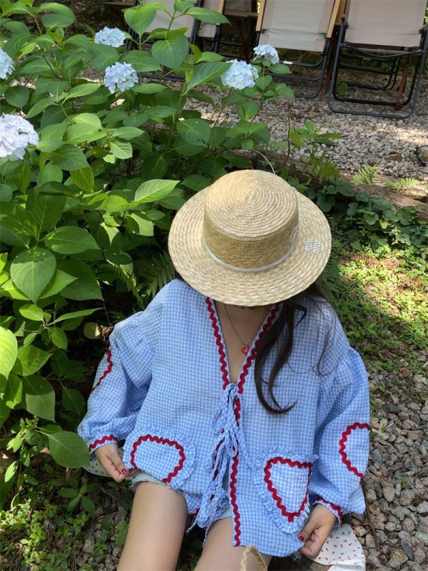 Custom Checkered Lantern Sleeve Vacation Shirt with Heart Pocket - Australian Style, Trendy Strap Design for Summer Fashion