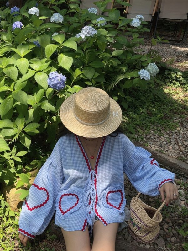 Custom Checkered Lantern Sleeve Vacation Shirt with Heart Pocket - Australian Style, Trendy Strap Design for Summer Fashion