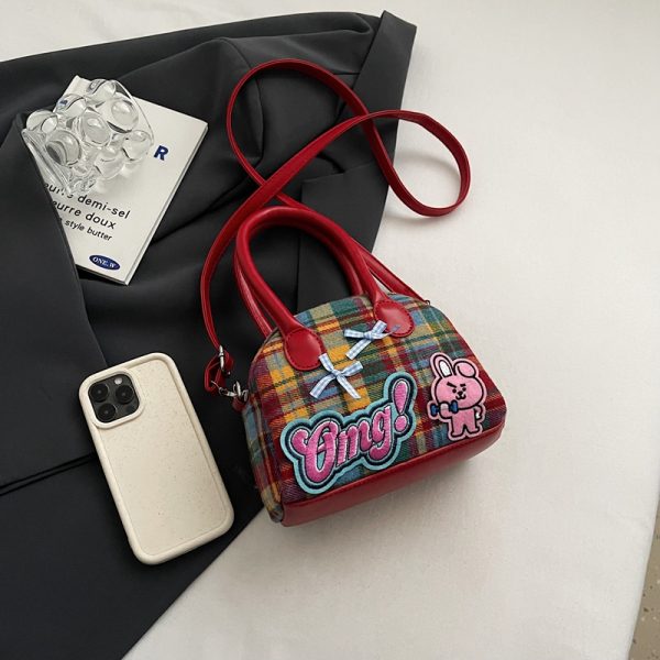 Cute Cartoon Plaid Handbag for Women - Fashionable Spring/Summer Small Crossbody Shoulder Bag 2025
