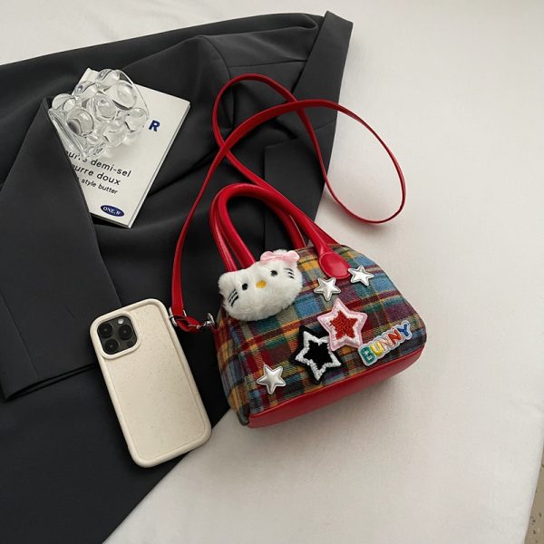 Cute Cartoon Plaid Handbag for Women - Fashionable Spring/Summer Small Crossbody Shoulder Bag 2025