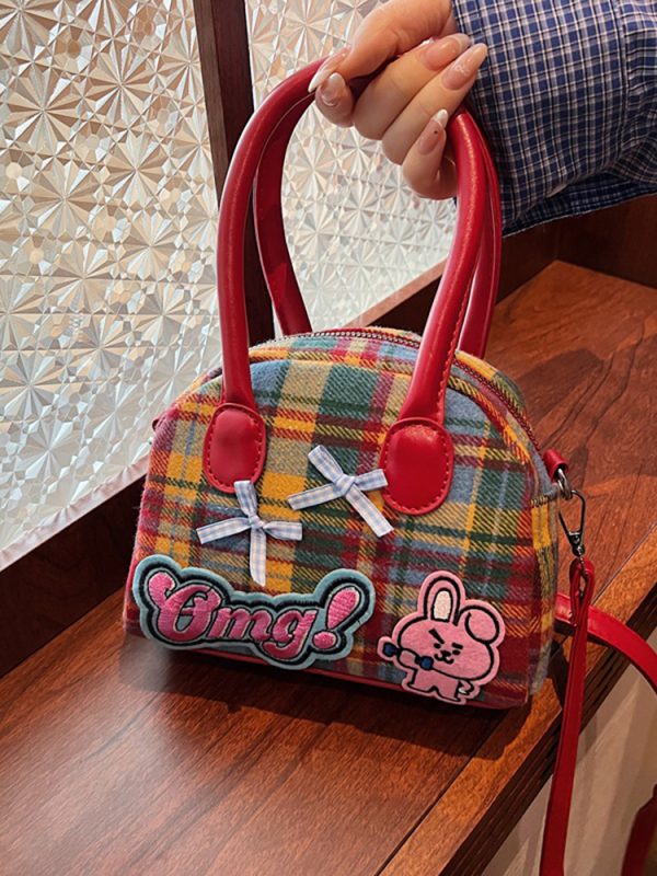 Cute Cartoon Plaid Handbag for Women - Fashionable Spring/Summer Small Crossbody Shoulder Bag 2025