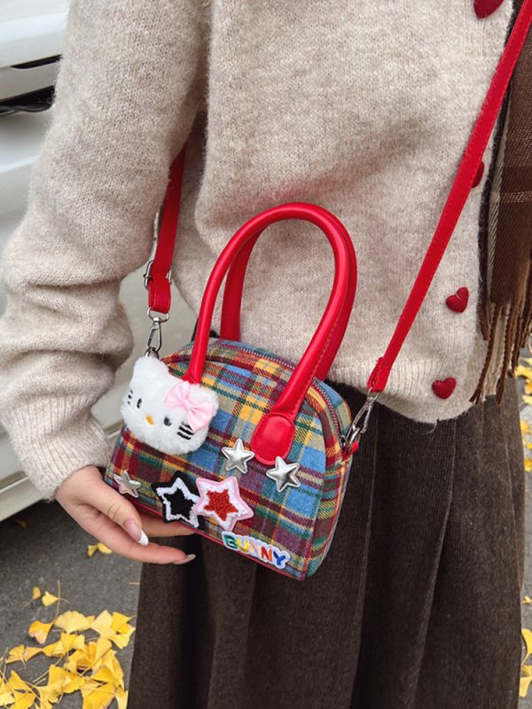 Cute Cartoon Plaid Handbag for Women - Fashionable Spring/Summer Small Crossbody Shoulder Bag 2025