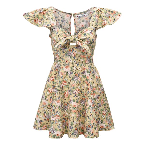Cute Floral Front Tie Flutter Sleeve Dress - Pastoral Style Women's Summer A-Line Short Skirt, Perfect for 90s and Y2K Fashion