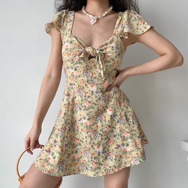 Cute Floral Front Tie Flutter Sleeve Dress - Pastoral Style Women's Summer A-Line Short Skirt, Perfect for 90s and Y2K Fashion