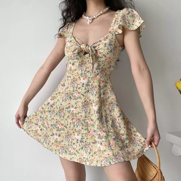 Cute Floral Front Tie Flutter Sleeve Dress - Pastoral Style Women's Summer A-Line Short Skirt, Perfect for 90s and Y2K Fashion