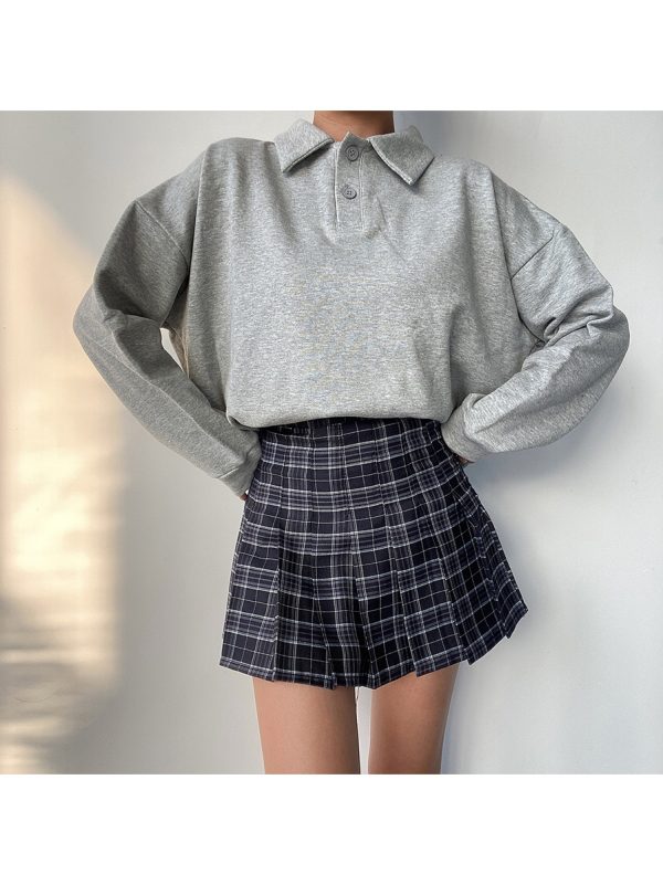 Cute Girl Polo Collar Loose Fit Long Sleeve Sweatshirt Top - Versatile BF Style Solid Color Pullover for Casual 90s Korean Style Fashion