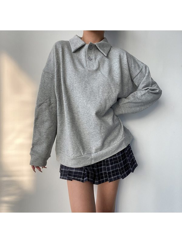 Cute Girl Polo Collar Loose Fit Long Sleeve Sweatshirt Top - Versatile BF Style Solid Color Pullover for Casual 90s Korean Style Fashion