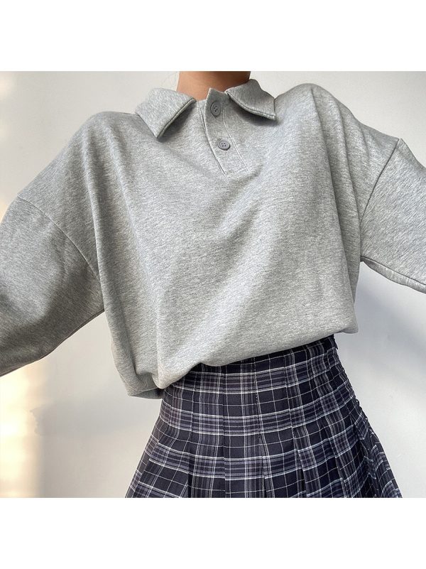 Cute Girl Polo Collar Loose Fit Long Sleeve Sweatshirt Top - Versatile BF Style Solid Color Pullover for Casual 90s Korean Style Fashion