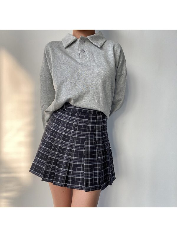 Cute Girl Polo Collar Loose Fit Long Sleeve Sweatshirt Top - Versatile BF Style Solid Color Pullover for Casual 90s Korean Style Fashion
