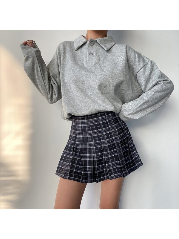 Cute Girl Polo Collar Loose Fit Long Sleeve Sweatshirt Top - Versatile BF Style Solid Color Pullover for Casual 90s Korean Style Fashion