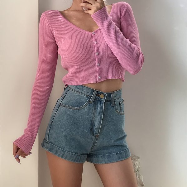 Cute Girl V-neck Single-Breasted Slim High-Waist Long Sleeve Sun Protection Cardigan - Thin Knitted Sweater for Spring 90s Y2K Style