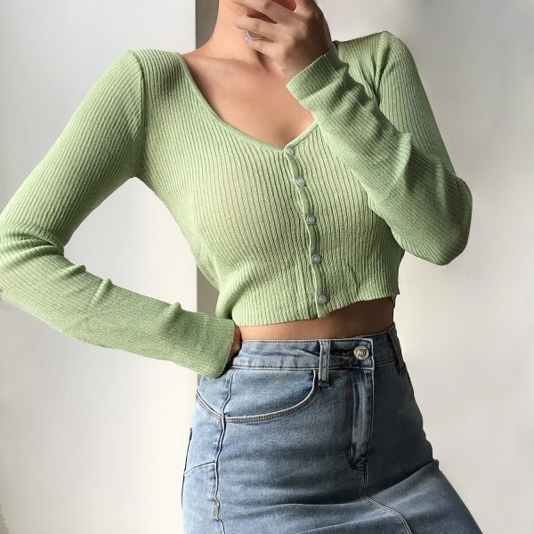 Cute Girl V-neck Single-Breasted Slim High-Waist Long Sleeve Sun Protection Cardigan - Thin Knitted Sweater for Spring 90s Y2K Style