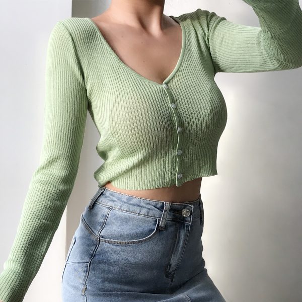 Cute Girl V-neck Single-Breasted Slim High-Waist Long Sleeve Sun Protection Cardigan - Thin Knitted Sweater for Spring 90s Y2K Style