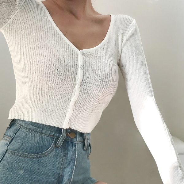 Cute Girl V-neck Single-Breasted Slim High-Waist Long Sleeve Sun Protection Cardigan - Thin Knitted Sweater for Spring 90s Y2K Style