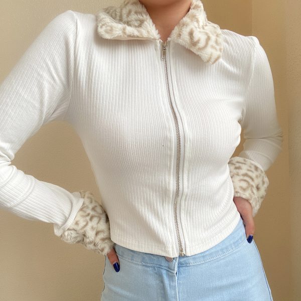 Cute Leopard Print Fur Collar Spliced Stretch Slim High Waist Long Sleeve Zipper Top Cardigan for Y2K Fashion Lovers