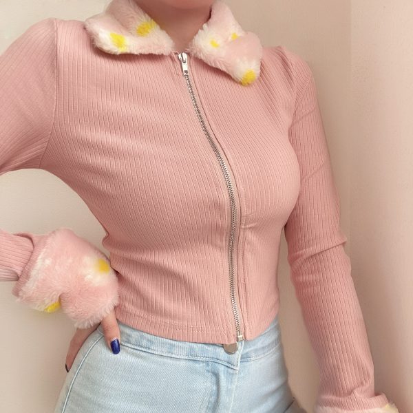 Cute Leopard Print Fur Collar Spliced Stretch Slim High Waist Long Sleeve Zipper Top Cardigan for Y2K Fashion Lovers