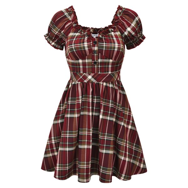 Cute Retro V-Neck Puff Sleeve Plaid Dress for Women - High Waist Flared A-Line Skirt, Age-Reducing 90s Inspired Fashion