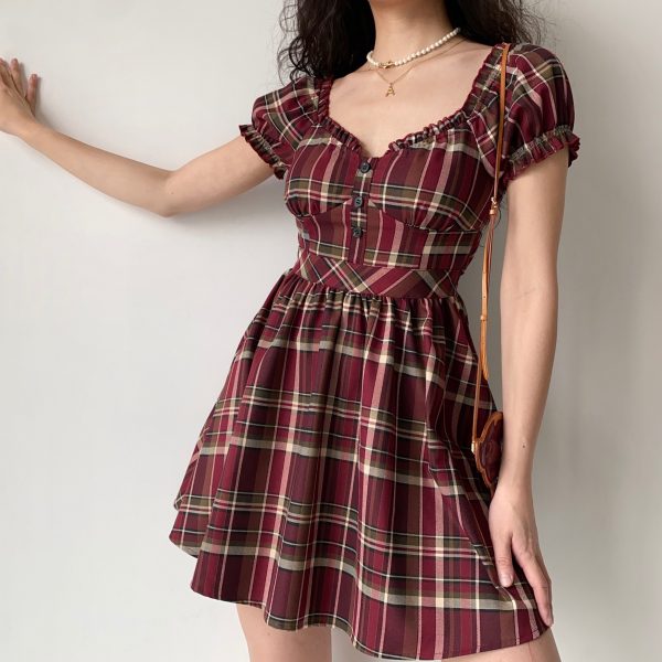 Cute Retro V-Neck Puff Sleeve Plaid Dress for Women - High Waist Flared A-Line Skirt, Age-Reducing 90s Inspired Fashion