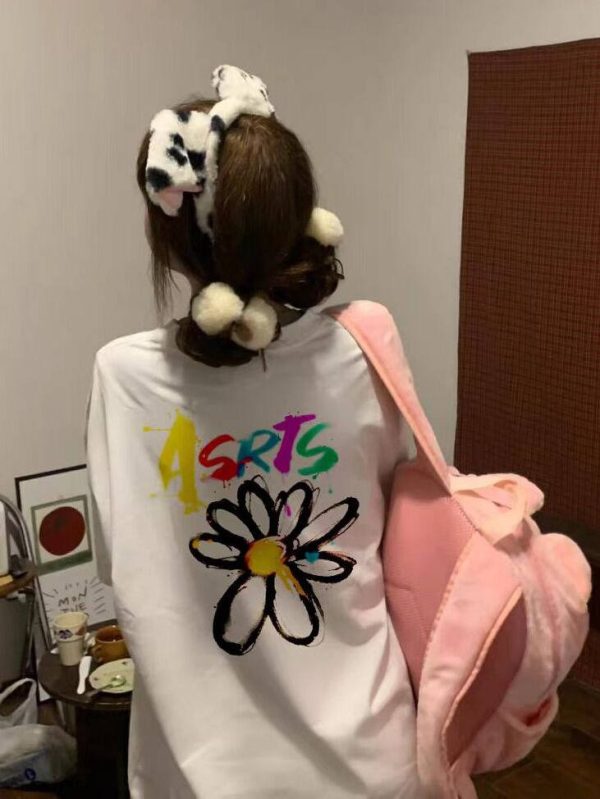 Daisy Print Short Sleeve T-Shirt for Women - Loose Fit American Retro Style Couple Shirt, Y2K Inspired Fashion Top