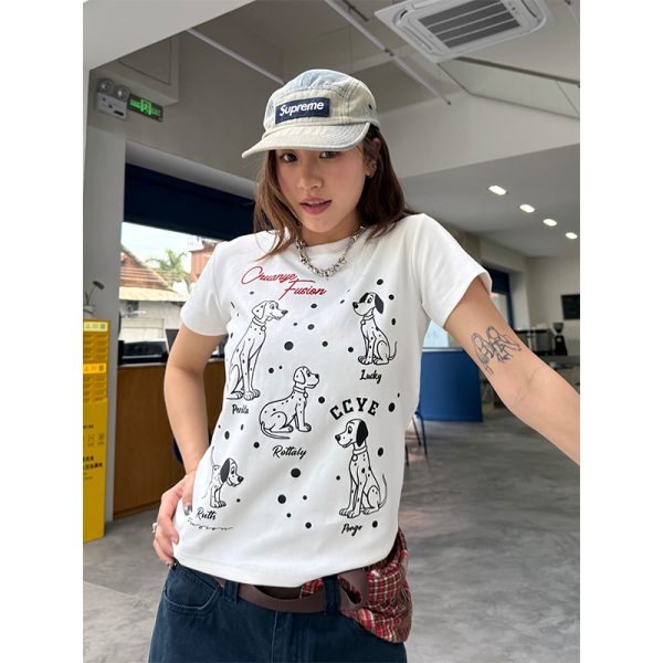 Dalmatian Print Heavy Short Sleeve T-Shirt for Women - Summer Round Neck Top, American Style, Trendy Casual Wear