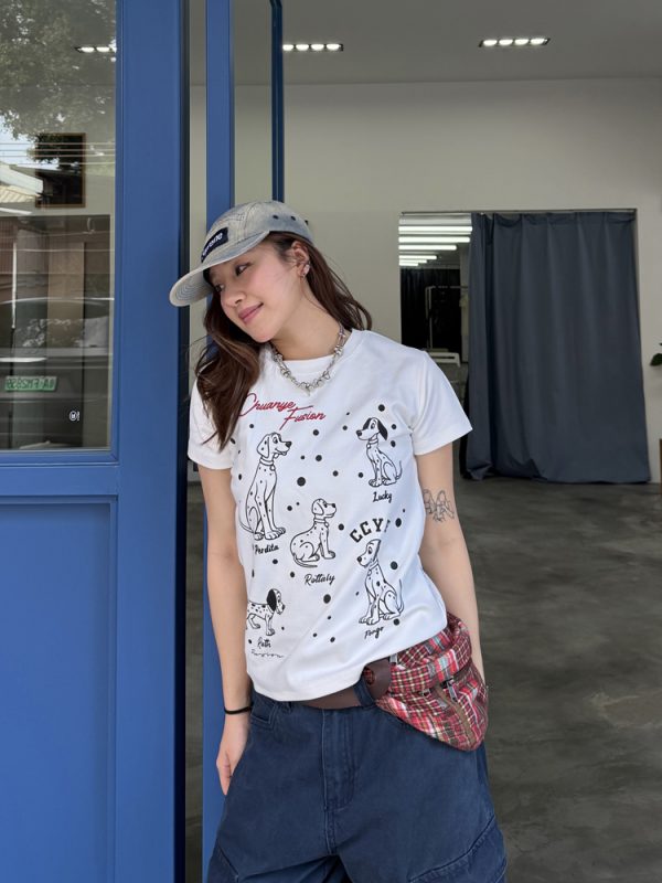 Dalmatian Print Heavy Short Sleeve T-Shirt for Women - Summer Round Neck Top, American Style, Trendy Casual Wear