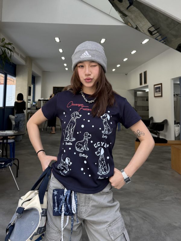 Dalmatian Print Heavy Short Sleeve T-Shirt for Women - Summer Round Neck Top, American Style, Trendy Casual Wear