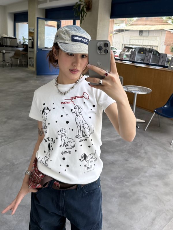 Dalmatian Print Heavy Short Sleeve T-Shirt for Women - Summer Round Neck Top, American Style, Trendy Casual Wear