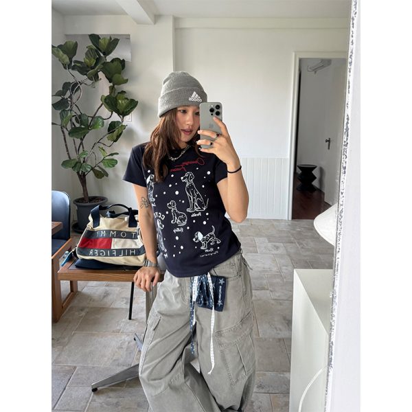 Dalmatian Print Heavy Short Sleeve T-Shirt for Women - Summer Round Neck Top, American Style, Trendy Casual Wear