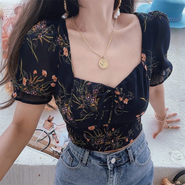 Dark Blue Floral Puff Sleeve V-Neck Top - Vintage Inspired Waist-Defined Short Sleeve Shirt for Women - Spring/Summer 2025 Fashion