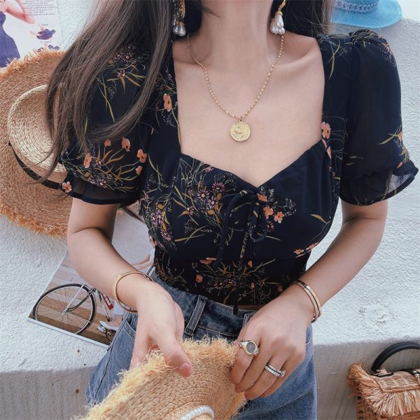 Dark Blue Floral Puff Sleeve V-Neck Top - Vintage Inspired Waist-Defined Short Sleeve Shirt for Women - Spring/Summer 2025 Fashion
