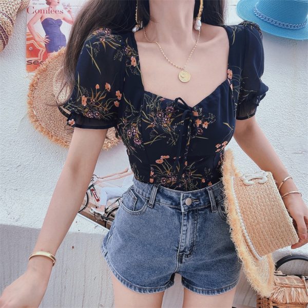 Dark Blue Floral Puff Sleeve V-Neck Top - Vintage Inspired Waist-Defined Short Sleeve Shirt for Women - Spring/Summer 2025 Fashion