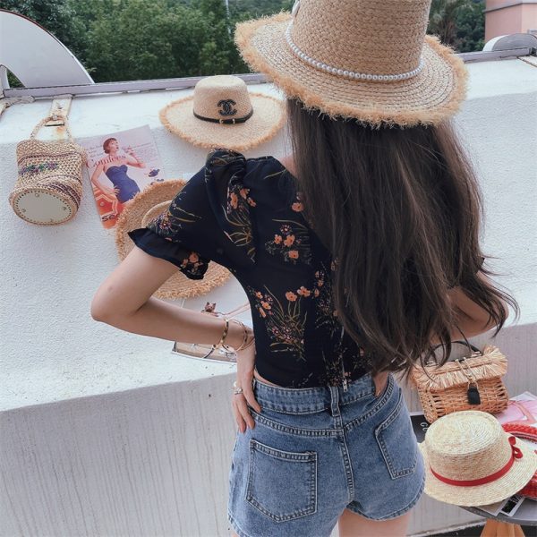 Dark Blue Floral Puff Sleeve V-Neck Top - Vintage Inspired Waist-Defined Short Sleeve Shirt for Women - Spring/Summer 2025 Fashion