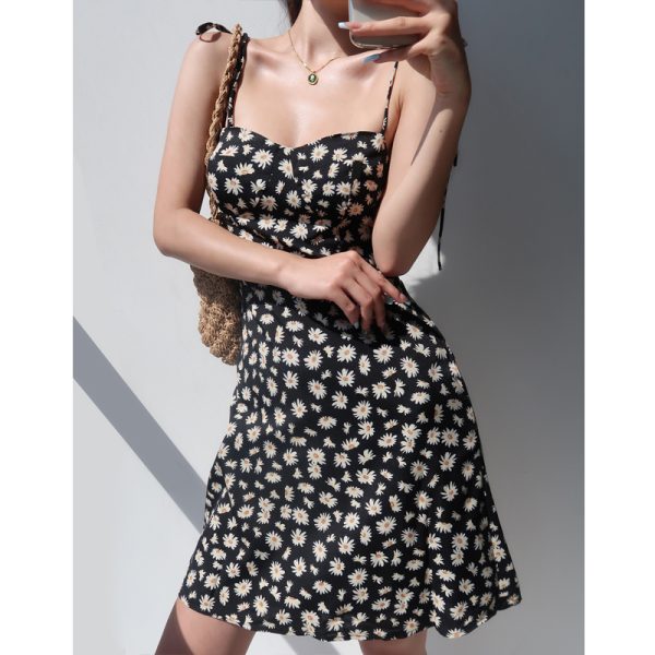 Dark Floral Lace-Up Camisole Dress for Women - Vintage Daisy Print, Waist-Cinching, Slimming, Vacation-Style Short Dress