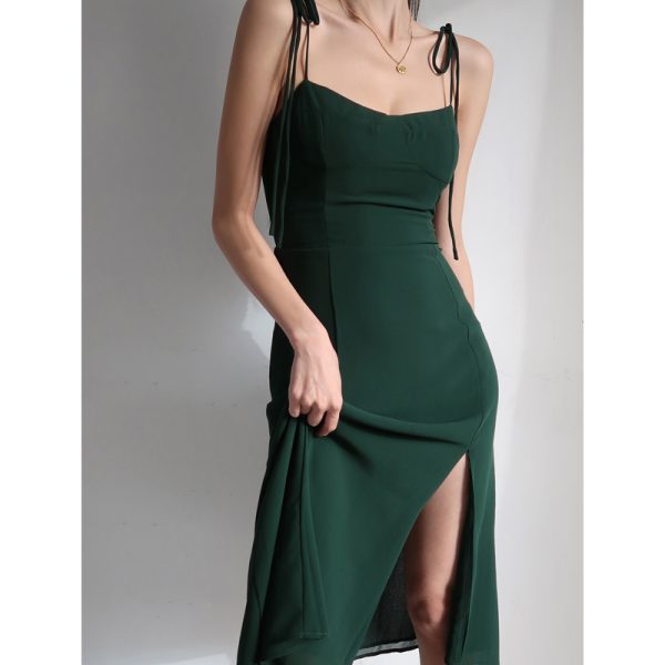 Dark Green High-Waisted Spaghetti Strap Dress - Vintage French Style, Sexy Waist-Cinching, Side Slit Tie-Up Sundress for Beach Vacation