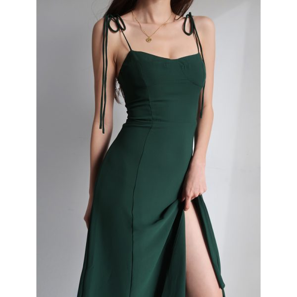 Dark Green High-Waisted Spaghetti Strap Dress - Vintage French Style, Sexy Waist-Cinching, Side Slit Tie-Up Sundress for Beach Vacation