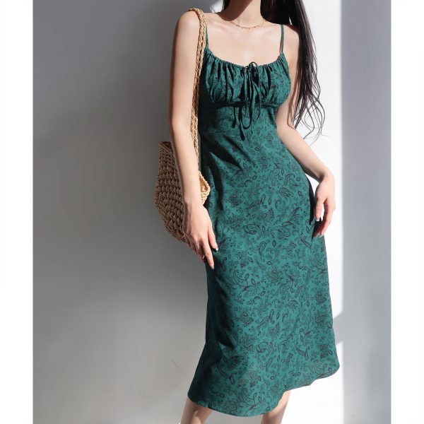 Dark Green Low-Cut Fitted Spaghetti Strap A-Line Dress with French Oil Painting Girl Design - Sexy Slimming Style