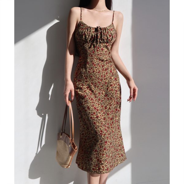 Dark Green Low-Cut Fitted Spaghetti Strap A-Line Dress with French Oil Painting Girl Design - Sexy Slimming Style