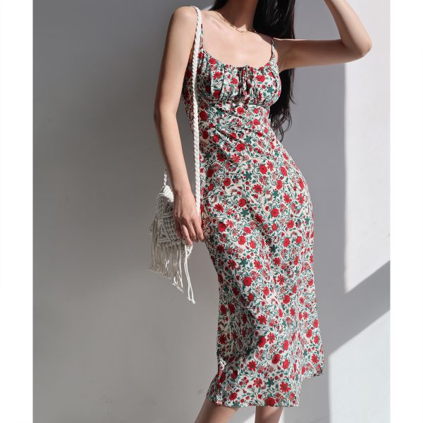 Dark Green Low-Cut Fitted Spaghetti Strap A-Line Dress with French Oil Painting Girl Design - Sexy Slimming Style