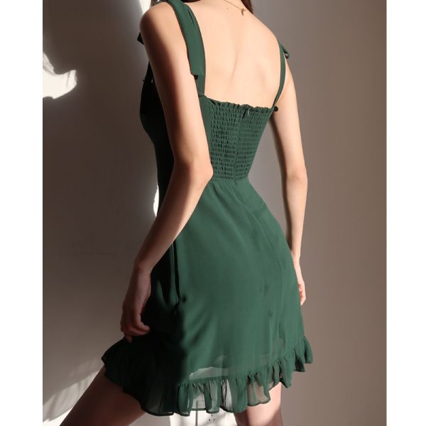 Dark Green Spaghetti Strap Mini Dress with Ruffled Waist, Retro A-Line Style for Girls, Sexy Summer Fashion
