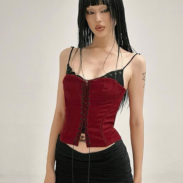 Deadly Black and Red Fake Two-Piece Cross Strap Tank Top - Sexy Summer Camisole Outerwear for Y2K Style