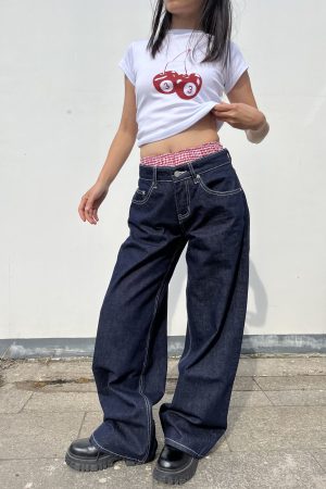 Deep Blue Wide-Leg Low-Waist Jeans for Women - Retro Slimming Loose Straight Pants, 90s Style Heavy Industry Fashion