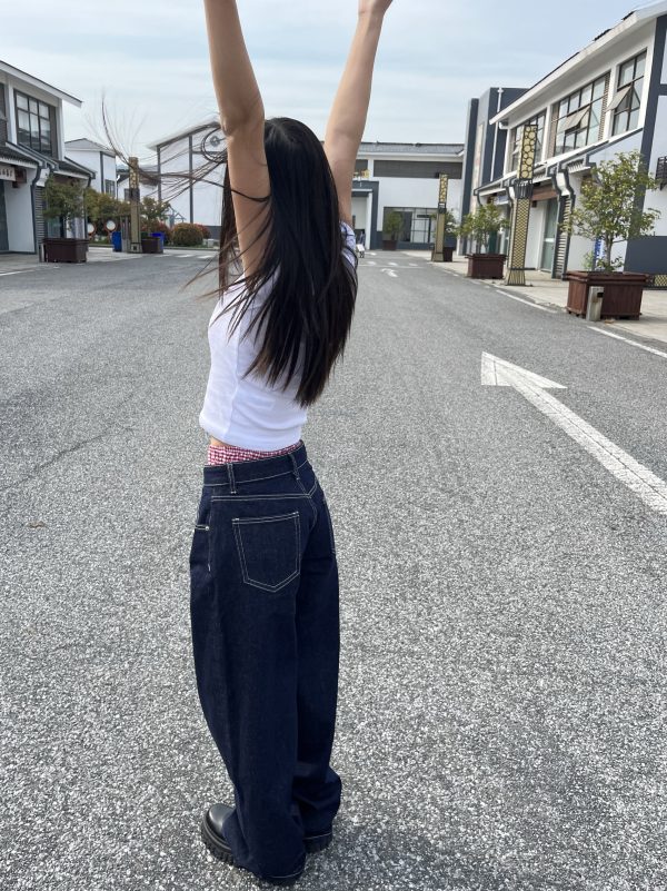 Deep Blue Wide-Leg Low-Waist Jeans for Women - Retro Slimming Loose Straight Pants, 90s Style Heavy Industry Fashion